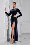 Dark Blue Long Sleeves Velvet Formal Dress with Slit