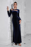 Dark Blue Long Sleeves Velvet Formal Dress with Slit