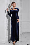 Dark Blue Long Sleeves Velvet Formal Dress with Slit