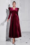 A Line V Neck Burgundy Ruffled Long Velvet Formal Dress