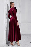 A Line V Neck Burgundy Ruffled Long Velvet Formal Dress