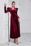 A Line V Neck Burgundy Ruffled Long Velvet Formal Dress