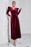 A Line V Neck Burgundy Ruffled Long Velvet Formal Dress