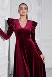 A Line V Neck Burgundy Ruffled Long Velvet Formal Dress