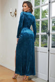 Blue High Neck Long Sleeves Velvet Formal Dress