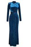 Blue High Neck Long Sleeves Velvet Formal Dress