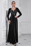 Sparkly A Line Velvet Long Formal Dress with Long Sleeves