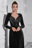 Sparkly A Line Velvet Long Formal Dress with Long Sleeves