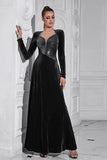 Sparkly A Line Velvet Long Formal Dress with Long Sleeves