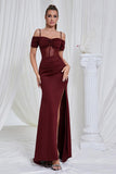 Red Mermaid Spaghetti Straps Corset Long Formal Dress with Slit