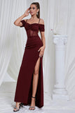 Red Mermaid Spaghetti Straps Corset Long Formal Dress with Slit