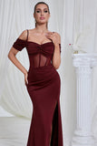 Red Mermaid Spaghetti Straps Corset Long Formal Dress with Slit