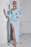 Glitter Light Blue Mermaid Long Sleeves Formal Dress with Slit