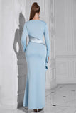 Glitter Light Blue Mermaid Long Sleeves Formal Dress with Slit