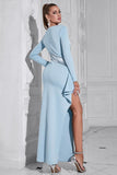 Glitter Light Blue Mermaid Long Sleeves Formal Dress with Slit