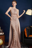 Golden Glitter A Line Spaghetti Straps Beaded Long Formal Dress