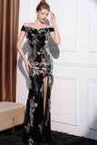 Sparkly Flower Black Mermaid Off the Shoulder Long Formal Dress with Slit