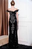 Glitter Black Mermaid Off the Shoulder Long Formal Dress with Feather