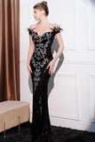 Glitter Black Mermaid Off the Shoulder Long Formal Dress with Feather