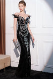 Glitter Black Mermaid Off the Shoulder Long Formal Dress with Feather