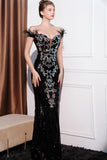 Glitter Black Mermaid Off the Shoulder Long Formal Dress with Feather