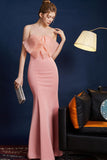 Pink Mermaid Strapless Long Formal Dress with Bow