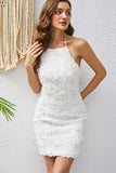 White Halter Bodycon Short Cocktail Dress with Lace