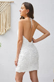 White Halter Bodycon Short Cocktail Dress with Lace