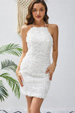 White Halter Bodycon Short Cocktail Dress with Lace