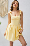 A Line Yellow Square Neck Short Cocktail Dress