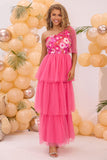 Fuchsia One Shoulder A Line Tiered Tulle Long Formal Dress