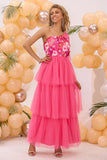 Fuchsia One Shoulder A Line Tiered Tulle Long Formal Dress