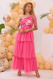 Fuchsia One Shoulder A Line Tiered Tulle Long Formal Dress