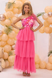 Fuchsia One Shoulder A Line Tiered Tulle Long Formal Dress