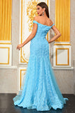 Light Blue Appliques A Line Off the Shoulder Floral Tulle Long Formal Dress