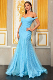 Light Blue Appliques A Line Off the Shoulder Floral Tulle Long Formal Dress