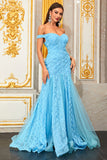 Light Blue Appliques A Line Off the Shoulder Floral Tulle Long Formal Dress