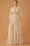 Champagne Ruffles A Line Long Formal Dress with Long Sleeves