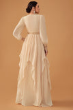 Champagne Ruffles A Line Long Formal Dress with Long Sleeves