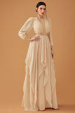 Champagne Ruffles A Line Long Formal Dress with Long Sleeves