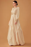 Champagne Ruffles A Line Long Formal Dress with Long Sleeves