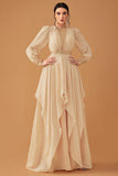 Champagne Ruffles A Line Long Formal Dress with Long Sleeves