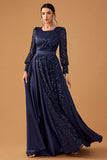 Glitter Sequins Navy A Line Long Formal Dress with Long Sleeves