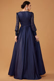 Glitter Sequins Navy A Line Long Formal Dress with Long Sleeves