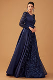 Glitter Sequins Navy A Line Long Formal Dress with Long Sleeves