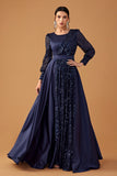 Glitter Sequins Navy A Line Long Formal Dress with Long Sleeves