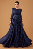 Glitter Sequins Navy A Line Long Formal Dress with Long Sleeves