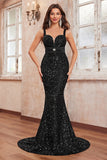 Glitter Sequins Black Mermaid Spaghetti Straps Long Formal Dress