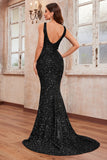 Glitter Sequins Black Mermaid Spaghetti Straps Long Formal Dress