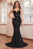 Glitter Sequins Black Mermaid Spaghetti Straps Long Formal Dress